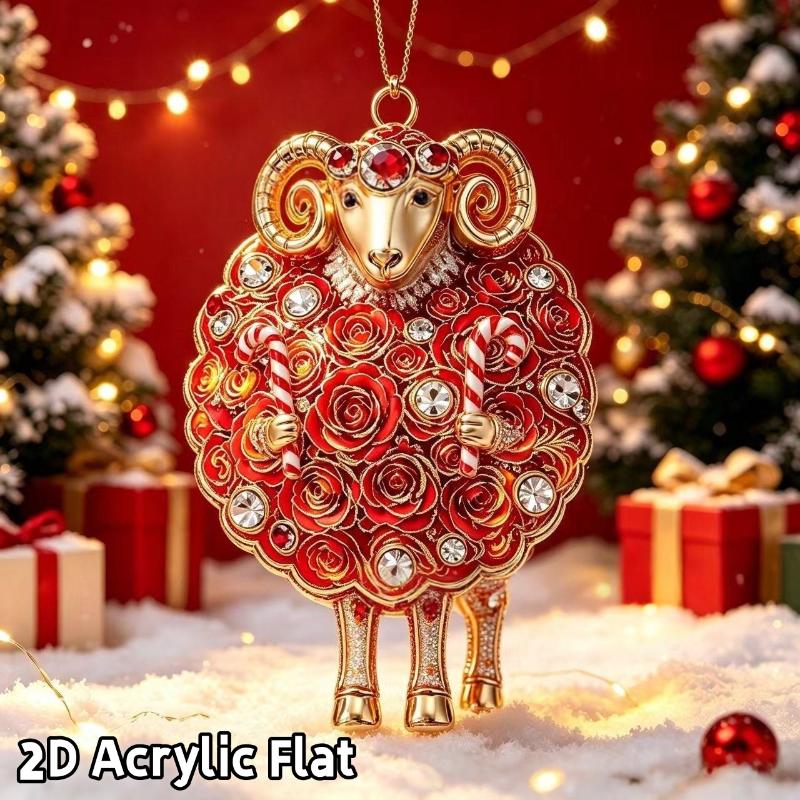 2D Flat Acrylic Red Gold Chinese Zodiac Goat Christmas Hanging Pendant Xmas Tree Ornament New Year Car Pendant