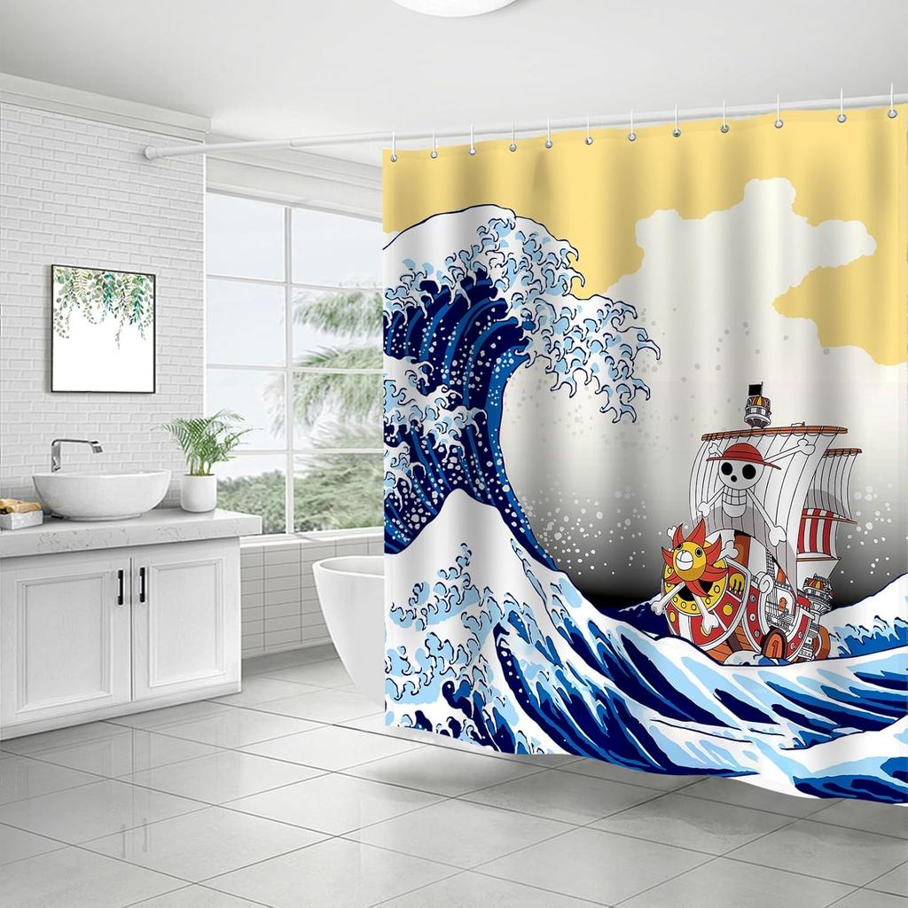 Cortina de Ducha de Anime - Thousand Sunny, Arte Ukiyo-e de Oda, Poliéster Impermeable, 12 Ganchos, Decoración de Baño
