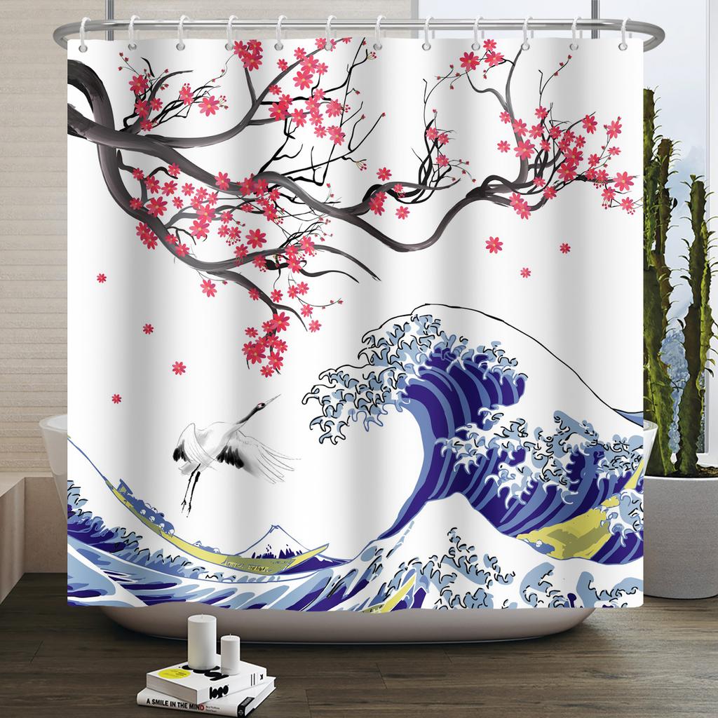 Japanese Ukiyo-e Shower Curtain The Great Wave of Kanagawa Mount Fuji Cherry Waterproof Shower Curtain for Bathroom Bathtub Deco