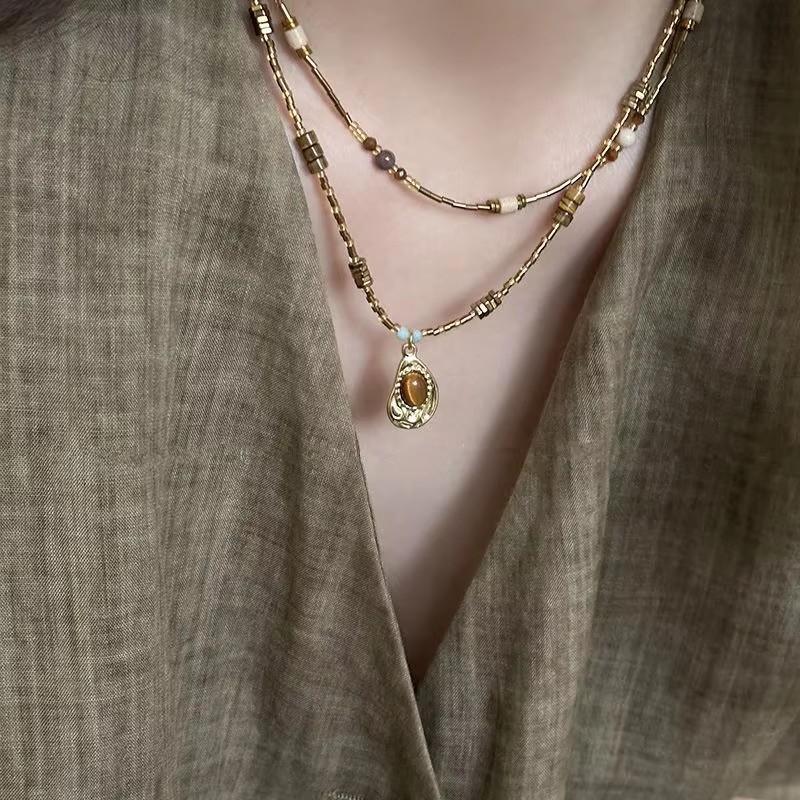 Vintage Brown Natural Stone Pendant Choker Chain Necklace For Women Men Fashion Trendy Grunge Jewelry Accessories Gifts