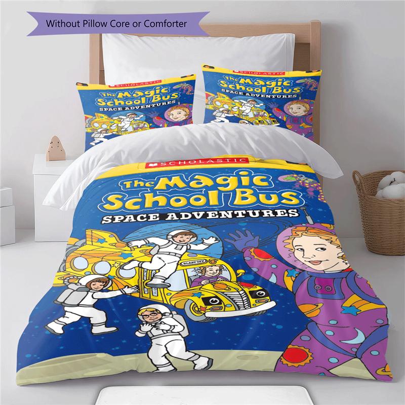 The Magic School Bus Cartoon Pattern Duvet and Pillowcases,1 Duvet Cover with 2 Pillowcases, No Core,Son Gift,Daughter Gift