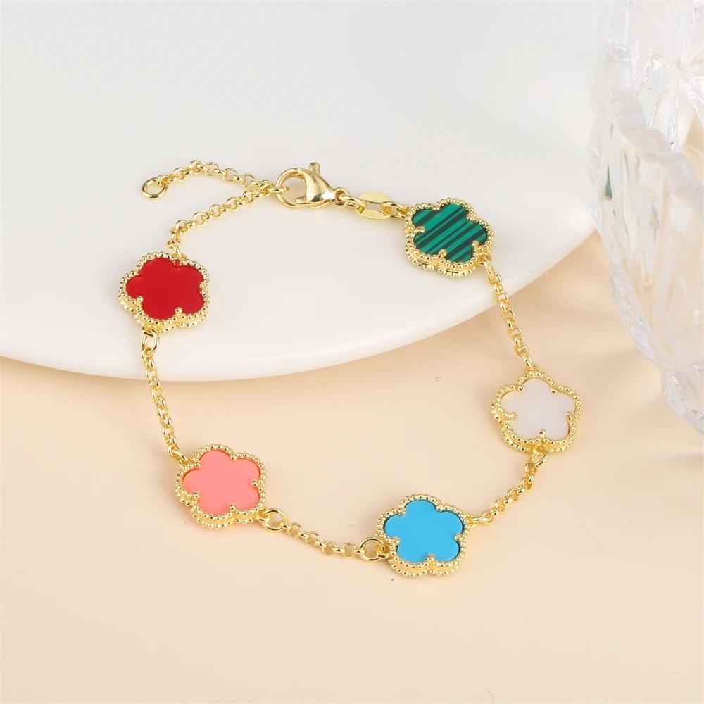 2024 Hot Sale 10 Colors Five-Leaf Flower Set Bracelet Necklace Classic Simple Women Zircon Set Suitable For Daily Party Wear