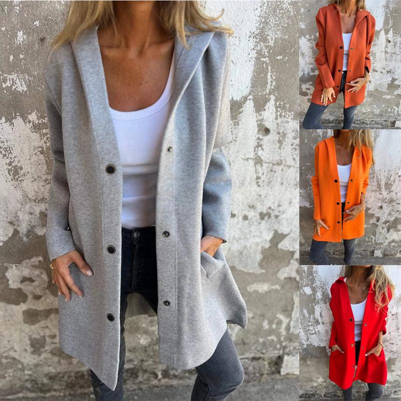 Pass Independent Site_Autumn/Winter Solid Color Casual Single Breasted Hooded Jacket
