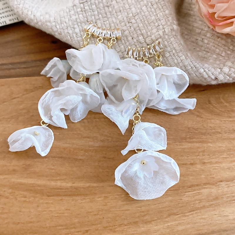 Summer limited~ Silver needle zircon chiffon flower stud earrings sweet vacation style earrings super fairy design fashion earrings