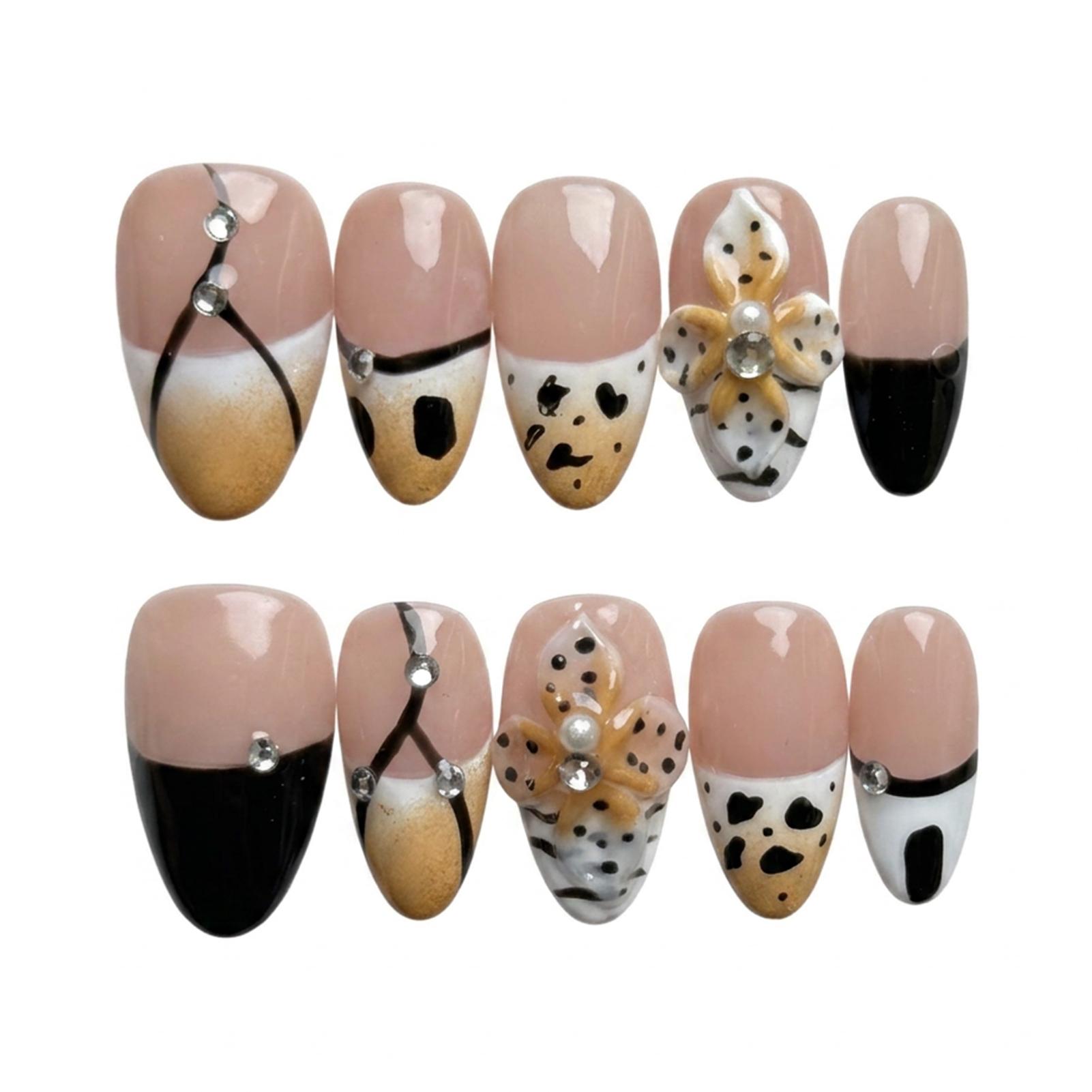 Short Almond Press On Nails 10pcs Leopard Print Hand Painted Floral Wear Resistant Eco-Friendly Resin Fake Nails XS чёрный