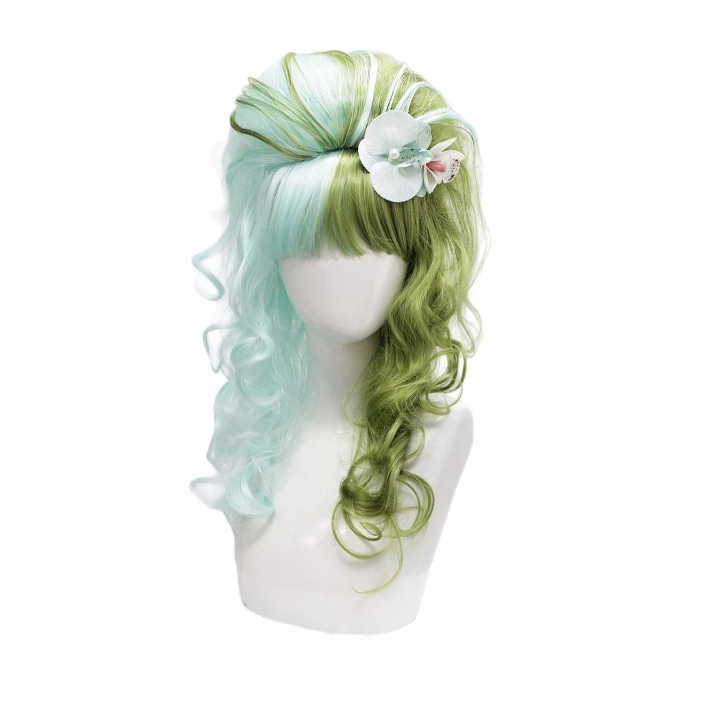 Double-Toned Yellow Pink Gradient Long Curly Synthetic Wig with Floral Hairpiece,Wavy Hairstyle for Cosplay Party Costume Event