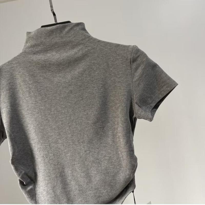 T-shirt sexy con design a cinturino scoperto sulla schiena, a maniche corte, da donna, estiva sottile europea e americana, a collo mezzo alto, top con ombelico scoperto