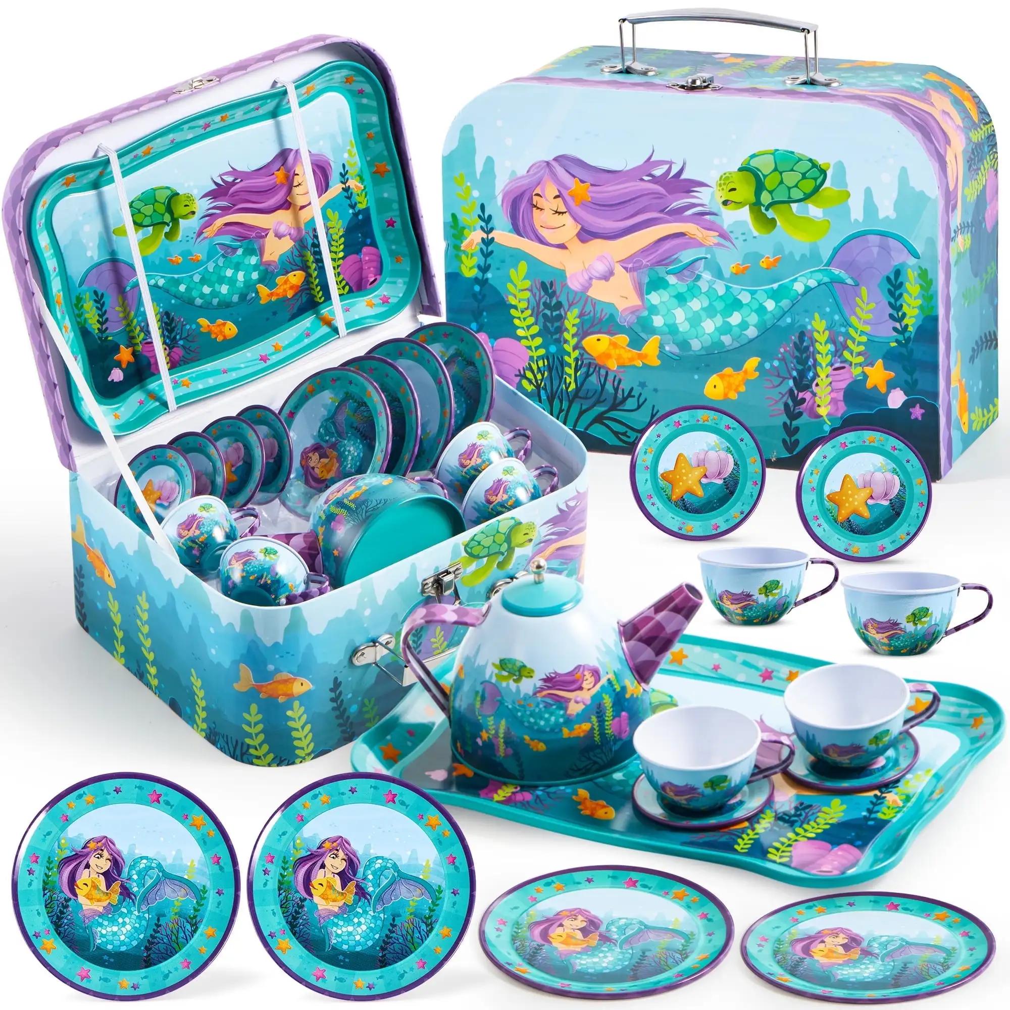 Discover Intime Girls Kid Tea Collection Mermaid Tea Celebration Collection Princess Pretend Enjoy Tin Teapot Collection Kitchen Toy Designed For Toddlers 2 3