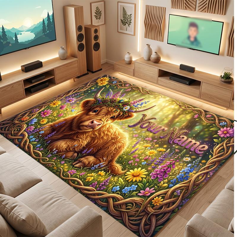 Highland Cow Theme Soft Crystal Velvet Rug Custom Name & Text Print Non Slip Floor Rug for Bedroom Living Room