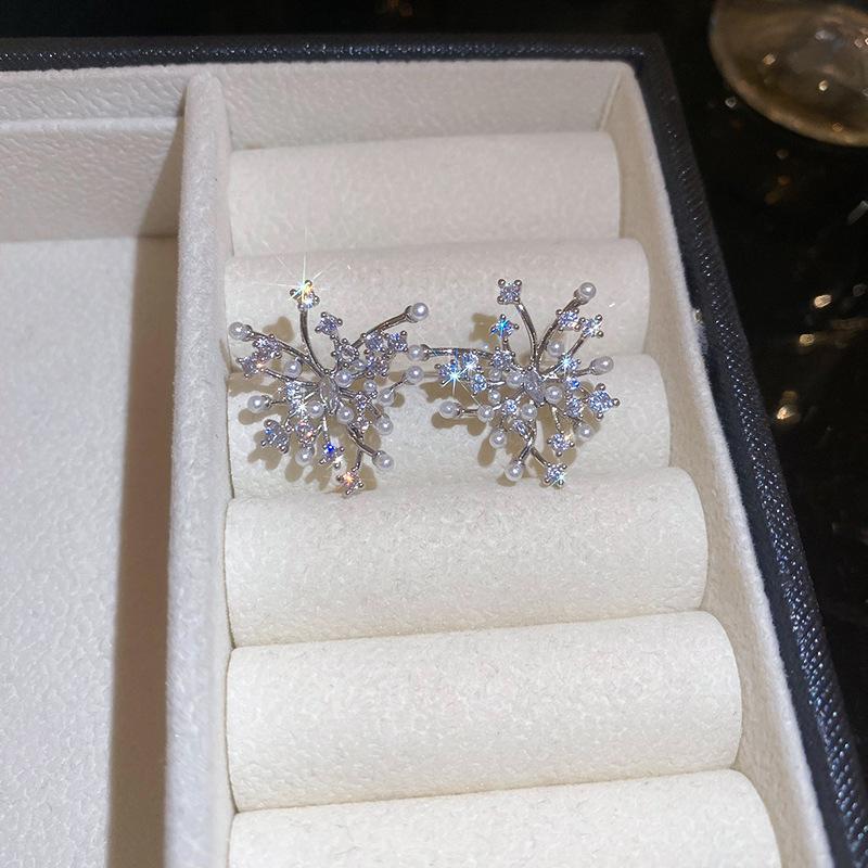 Silver Needle French Irregular Zircon Pearl Fireworks Niche High-end Earrings for Girls Gifts.
