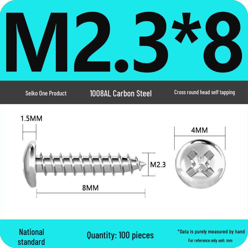 Galvanized Self-Tapping Screws, Round Head, White Zinc, PA Cross Pan, Pointed Tail M1.2-M4