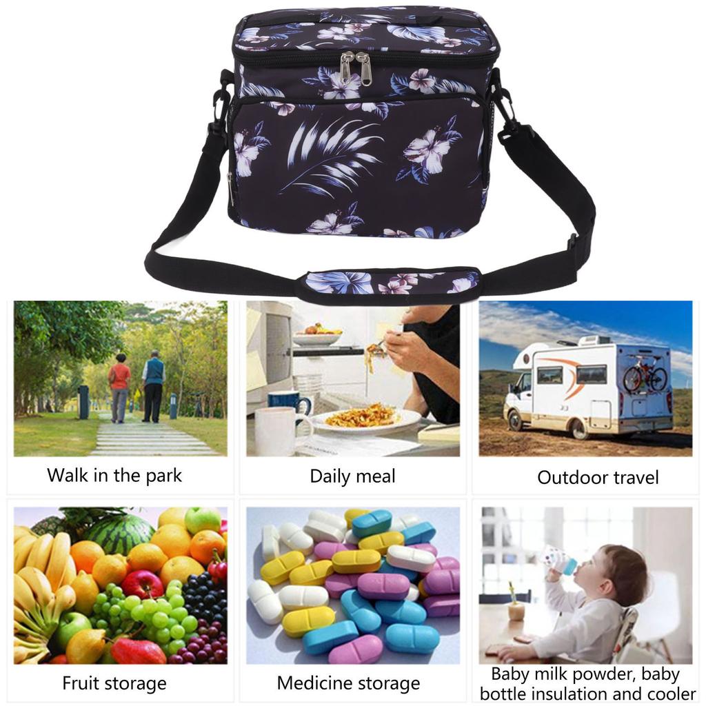 Insulated Lunch Bag Waterproof Large Capacity Portable Cooling Lunch Box Bag for Outdoor Camping Travel Floral