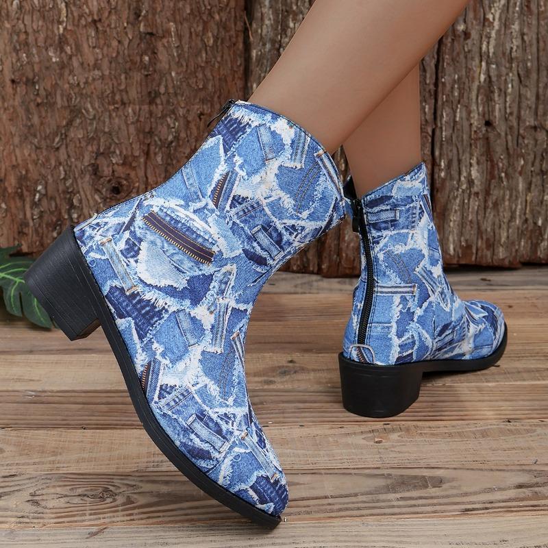 Women's Winter New Large Size Short Tube Back Zipper Autumn Round Toe Rubber Block Heel Low Heel Retro Tide