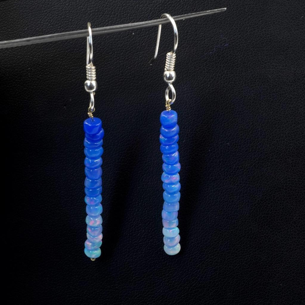 Natural Blue Multi Fire Ethiopian Opal Cabochon Beaded Earrings, 925 Silver , Rainbow Gemstone