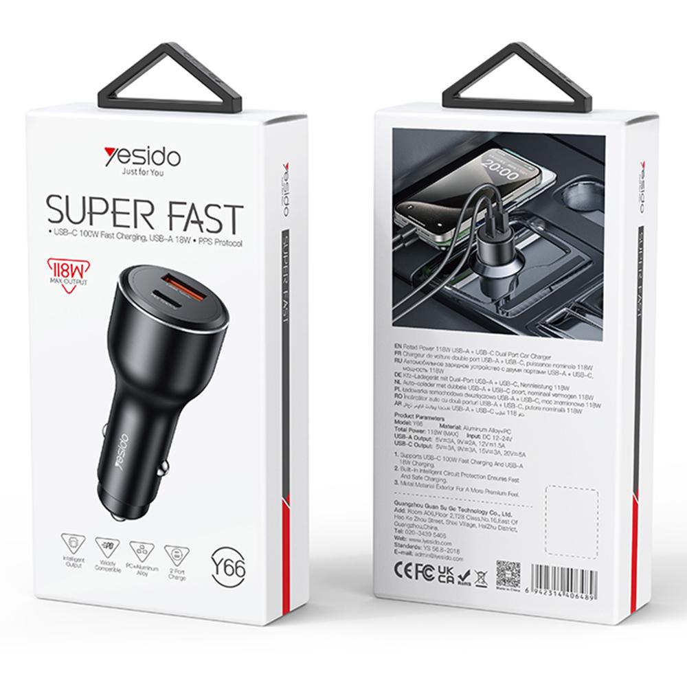 YESIDO Y65 USB+Type-C Dual Port Car Charger PD 100W + QC 18W Fast Charging Adapter