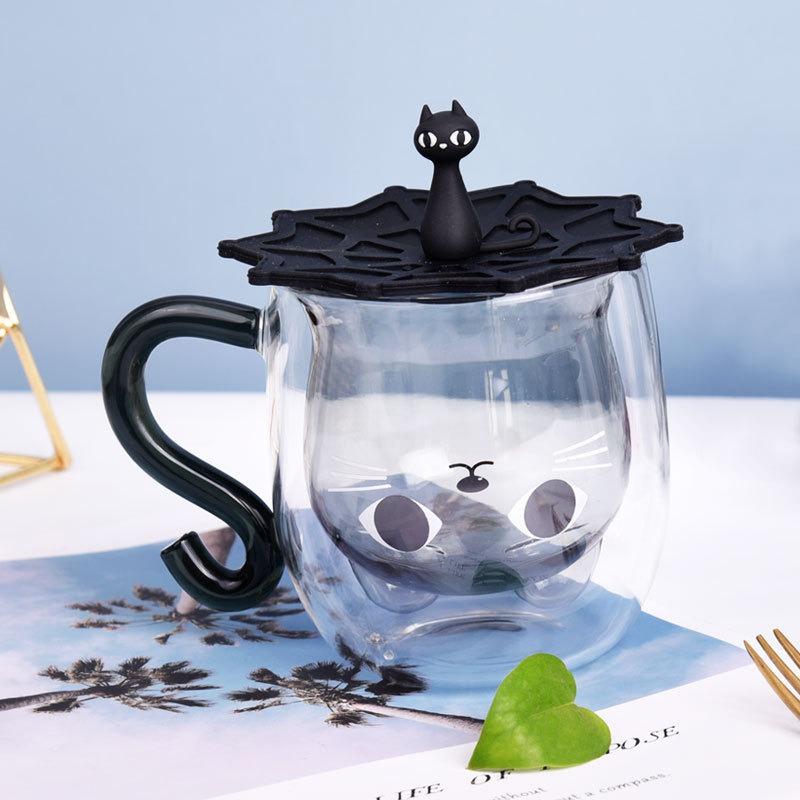 Creative Cartoon Cat Double Wall Glass Cup with Handle Cute Coffee Cup Heat-resistant Mug Office Kitchen Drink Ware