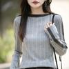 Women's Beige Ribbed Knit Top Contrast Collar Long Sleeve Fit Autumn Casual Fashion Comfortable Knit Sweater