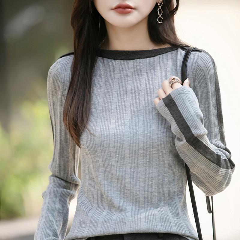 Women's Beige Ribbed Knit Top Contrast Collar Long Sleeve Fit Autumn Casual Fashion Comfortable Knit Sweater