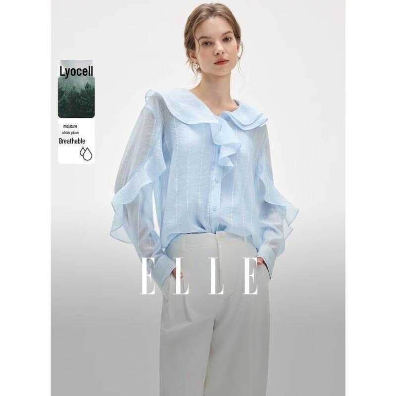 ELLE Women s 2026 Summer Ruffle Collar Stripe Tencel Shirt XL