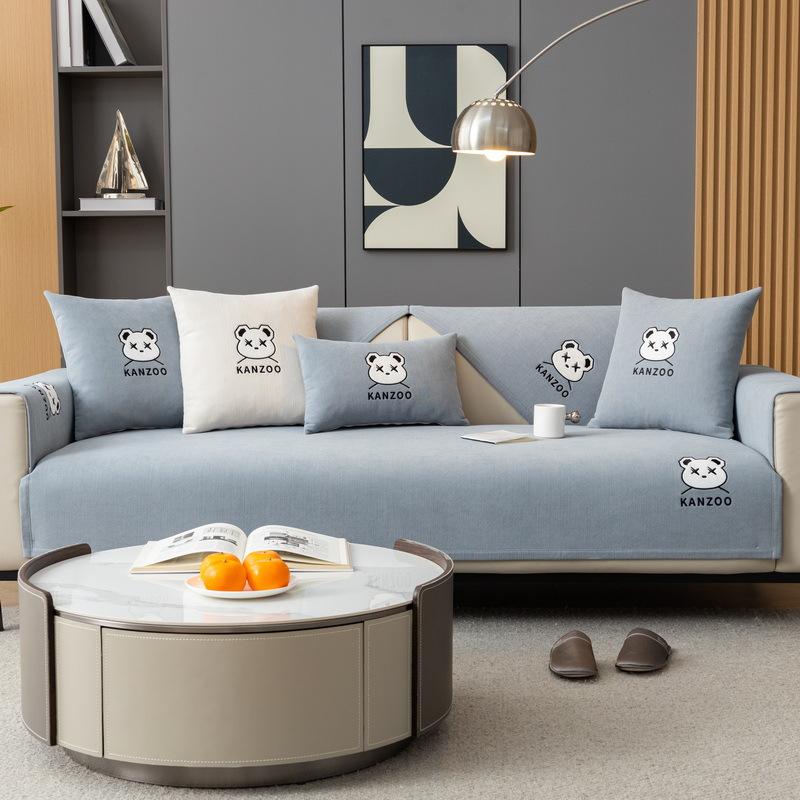 Tecknad Broderad Soffkudde för Alla Årstider, Halkfri Sittdyna och Ryggskydd, Enkelt Modernt Grått Chenille Sofföverdrag