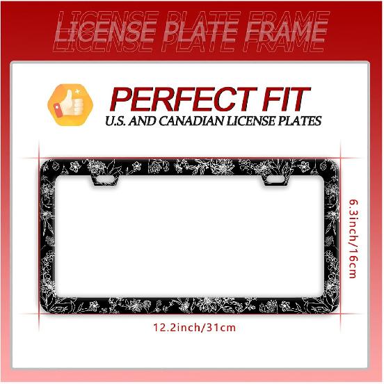 Line Art Flowers License Plate Frame Beautiful Floral License Plate Frames Funny Stainless Steel Accessories Cars Decor With 2 Holes And Screws Fits