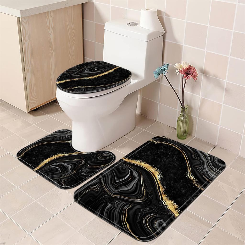 4Pcs Black Marble Shower Curtain Sets with Rugs Gold Bathroom Sets with Shower Curtain and Toilet Lid Cover Modern Bathroom Deco
