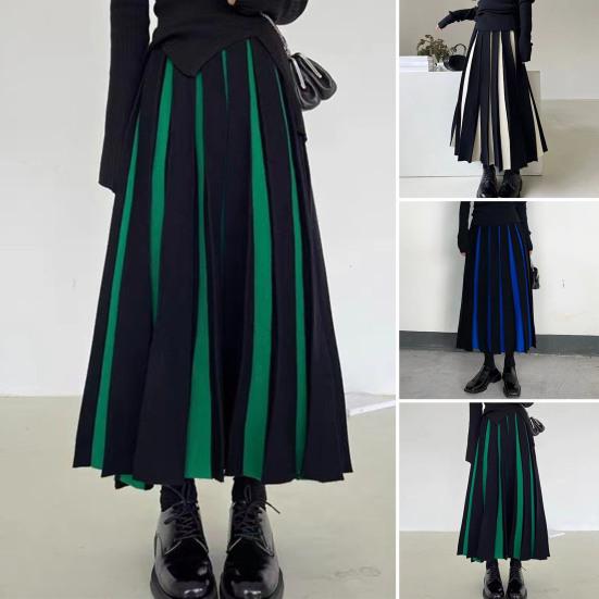 Women Midi Skirt High Waist Patchwork Color Pleated Skirt Autumn Knitting Skirt Versatile Comfortable Daily Wear