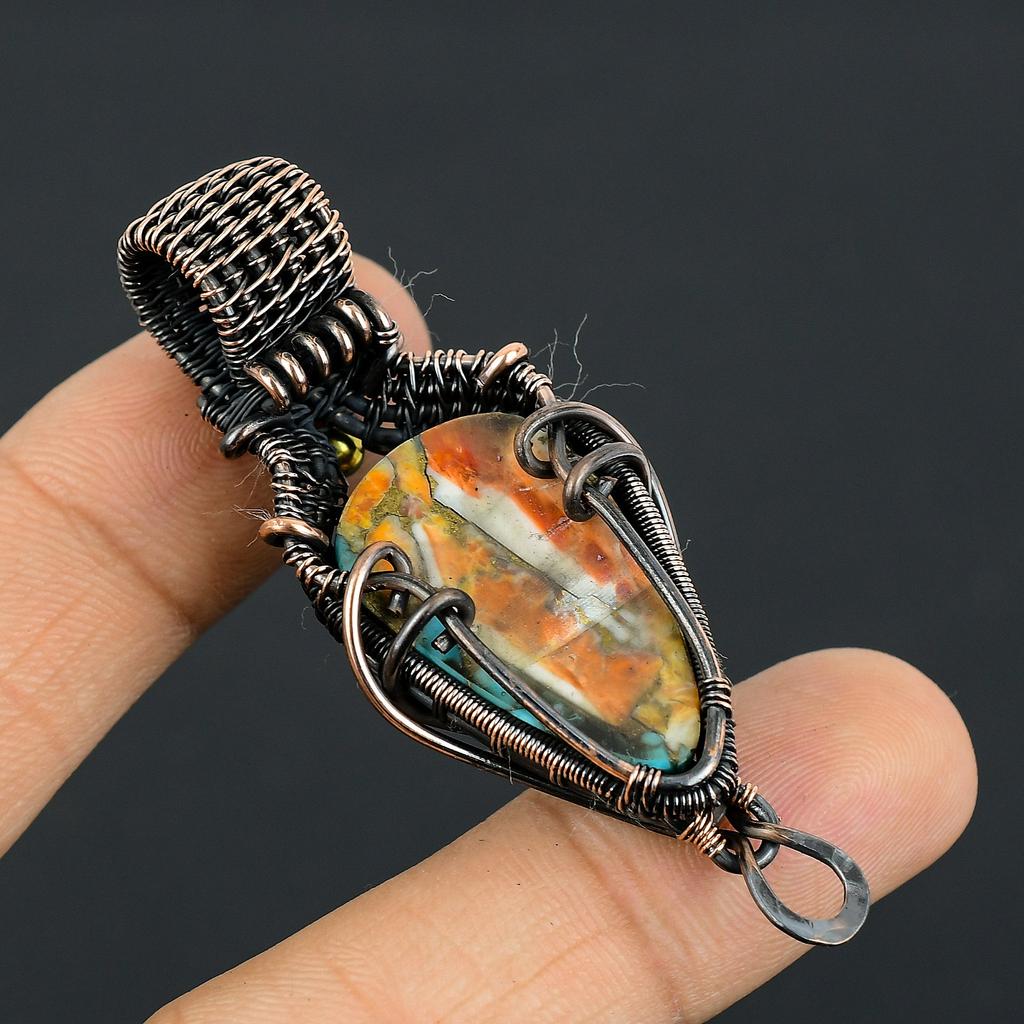 Natürlicher Stachelige Auster Edelstein Handgefertigter Kupferdraht Wickel Anhänger 2,25" q6t60