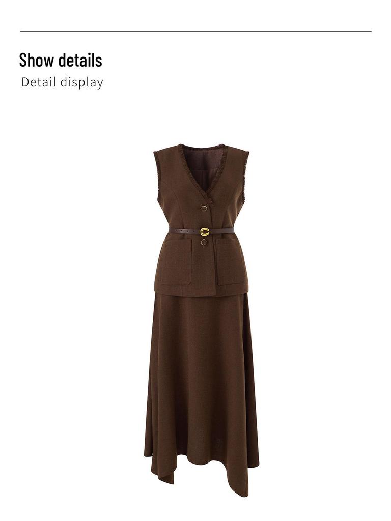Elegant Waist-Cinched V-Neck Vest + Skirt Two-Piece Set for Women - Autumn/Winter New Arrival