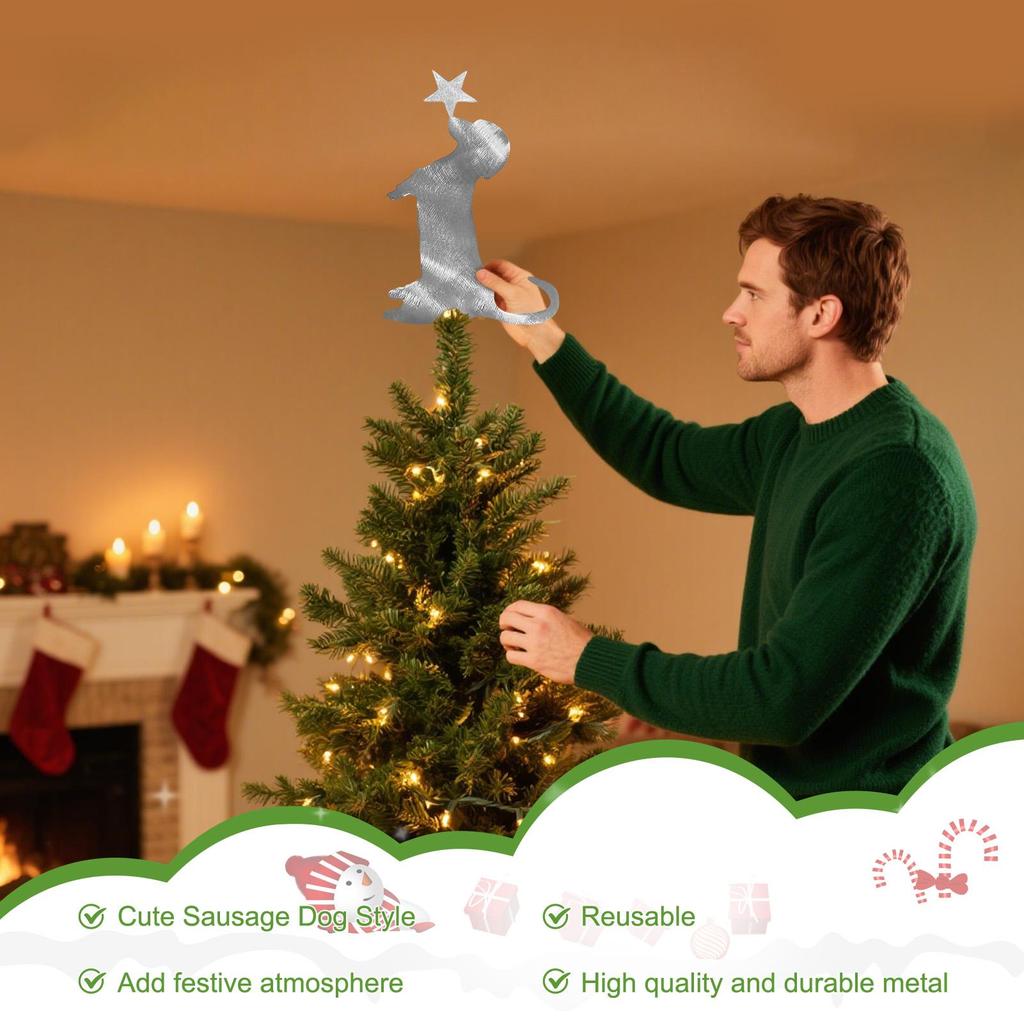 Metal Funny Dachshund Xmas Tree Topper 11.8 Inch Home Holiday Party Decorations Dachshund Topper Christmas Tree Ornaments