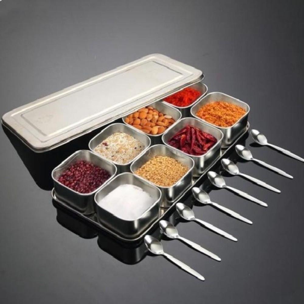 Rectangle Shape Stainless Steel Seasoning Box with Lid Spice Jar Storage Set  Kitchen Use