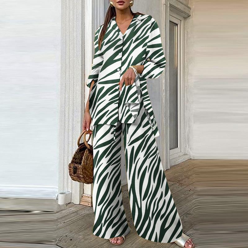 

ZANZEA Женский Блузка с длинным рукавом и брюки Повседневный костюм-двойка с принтом 5XL темно-зеленого