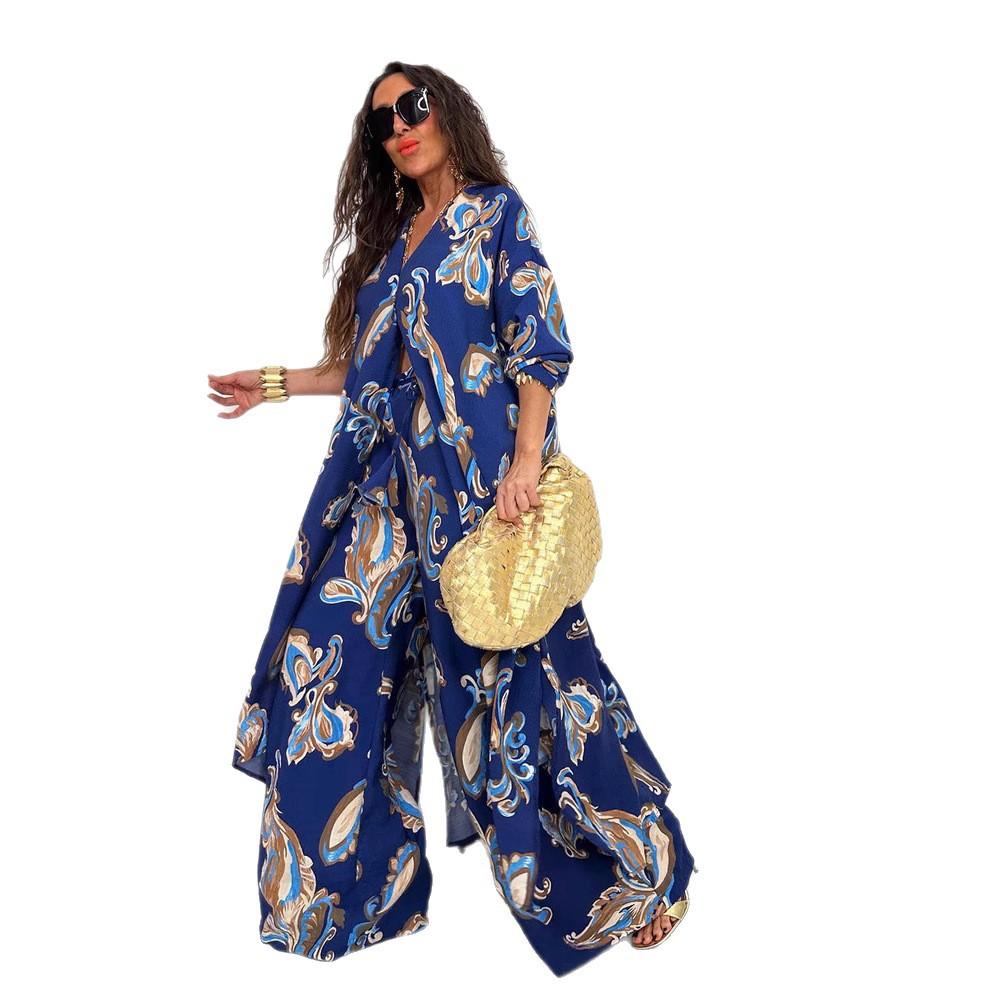 Autumn New Women's Lapel Printed Mid-length Top and Wide-leg Pants Two-piece Set