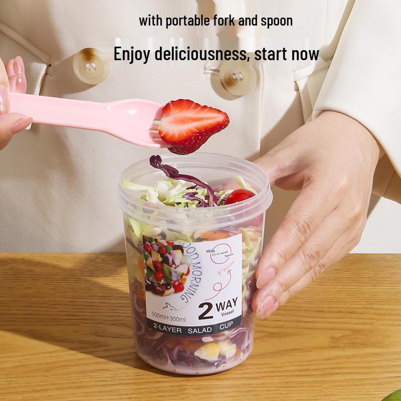 Plastic Double-Layer Breakfast Salad Cup with Spoon, Lid, and Fork for Students - Portable and Sealed