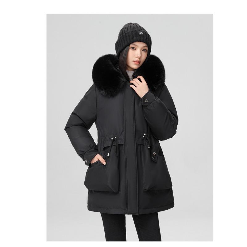 Dámská péřová bunda s kapucí, větruodolná, lehká, zateplená, nadýchaná, teplá, do chladného počasí, střední délky, ležérní, sportovní, parka, bavlněná bunda