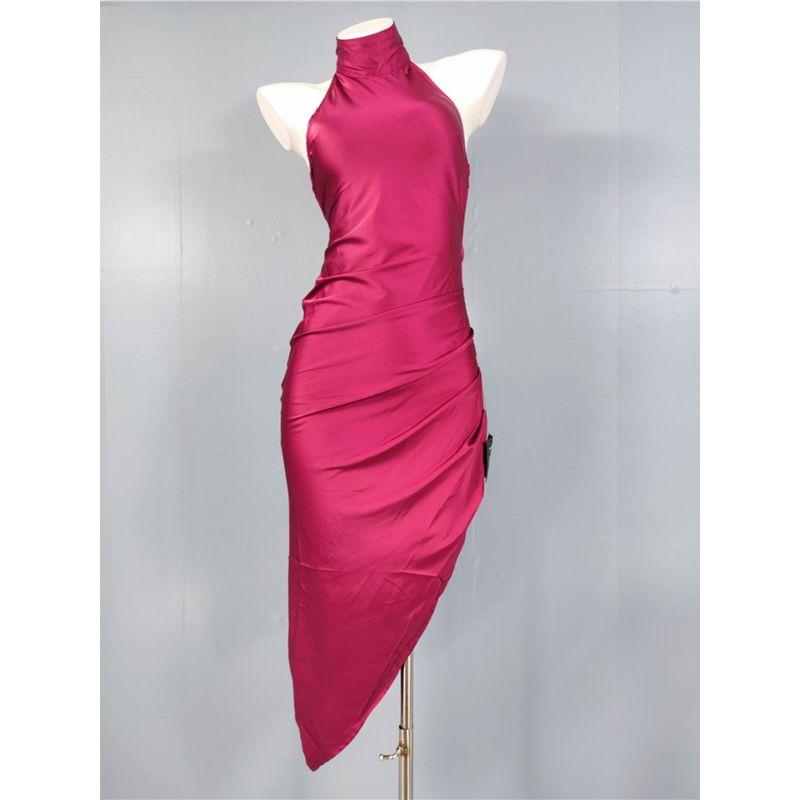 Export Single Lu Home Sexy Sexy Stand Collar High Texture Smooth Fabric Open Back Asymmetrical Fashion All-Match Dress