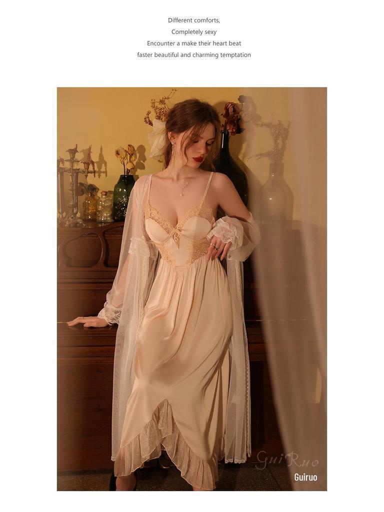 Elegant Satin & Lace Deep V Backless Nightgown and Robe Set J3343
