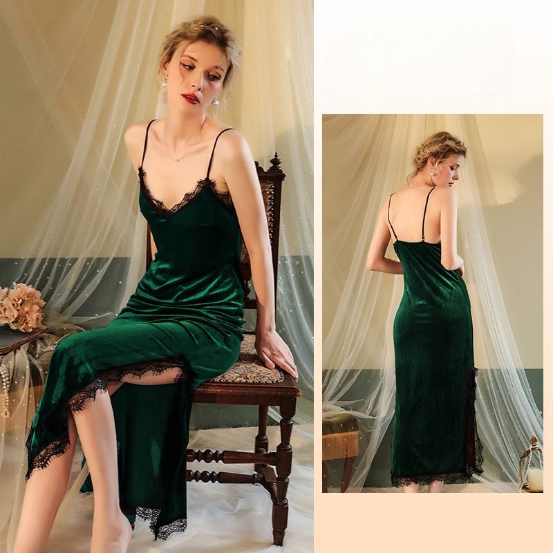 Seksowna Koronkowa Aksamitna Sukienka Cami Vintage Elegancka z Wysokim Rozcięciem Koszula Nocna Przyjazna dla Skóry Odzież do Domu 137 Luksusowa Ponadczasowa Bielizna Nocna Idealna na Zimne Nocne