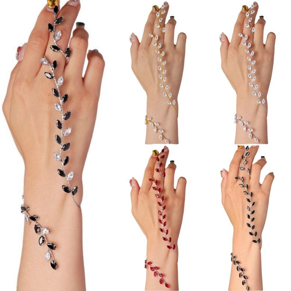 Simple Elegant Fashionable Luxury Bracelet Rhinestones Adjustable Leaf Cubic Zircon Hand Palm Bracelet Hand Piece Jewelry