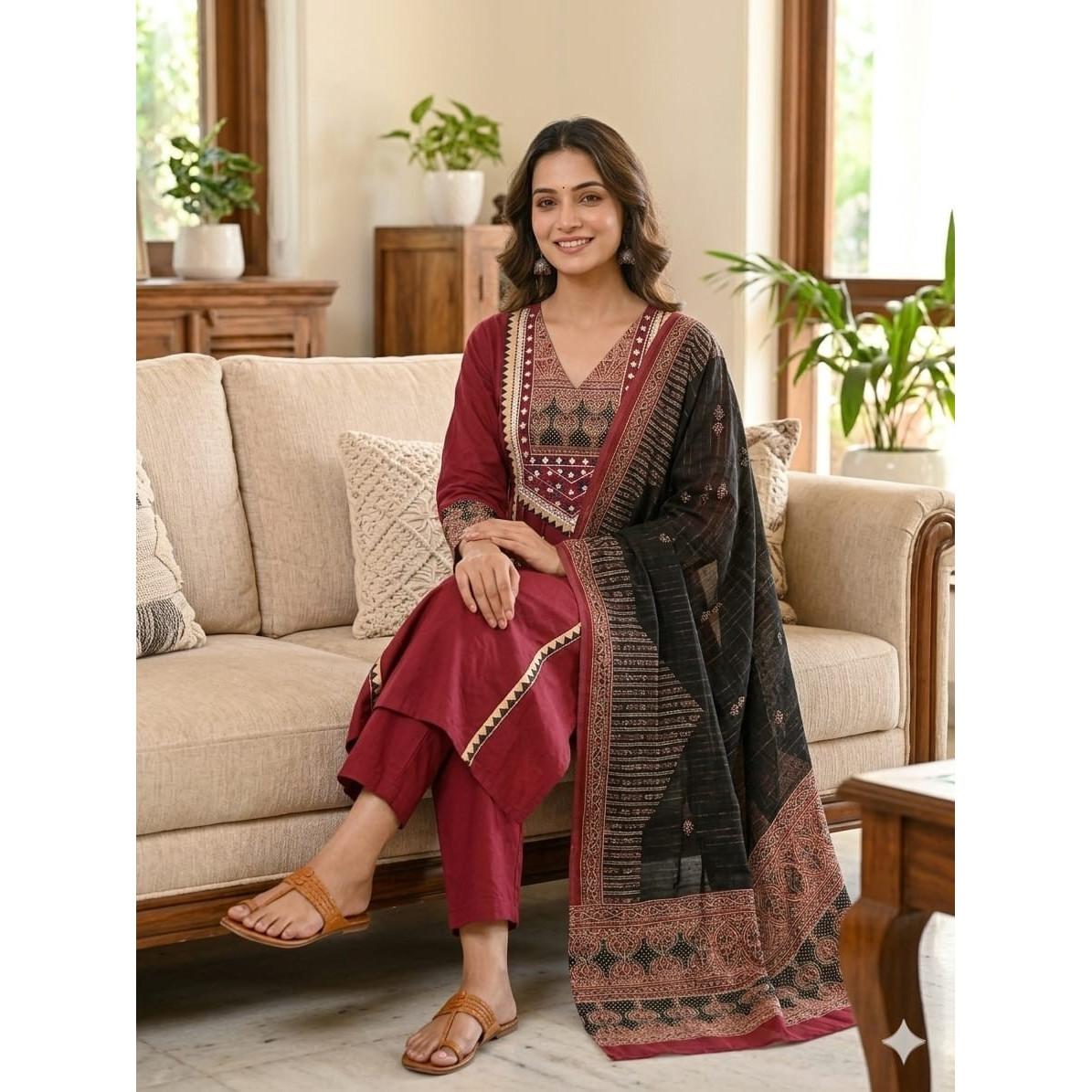 Maroon Pure Cotton Kurti Pant Dupatta Set Indian Pakistani Ethnic Salwar Kameez L-40