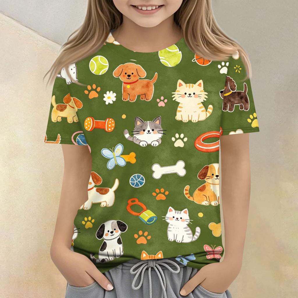 Kids Animal Print Crew Neck Short Sleeve Casual Loose Fit T Shirt Top Soft Comfortable Fabric Suitable for Everyday Wear