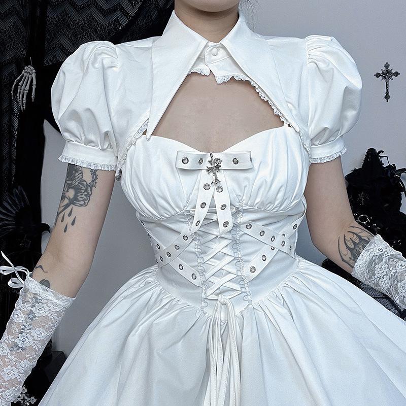 GMXIA Summer Polo Collar Puffy Sleeve Smock Top Corn-eye Webbing Slim-fit Halter Dress for Women