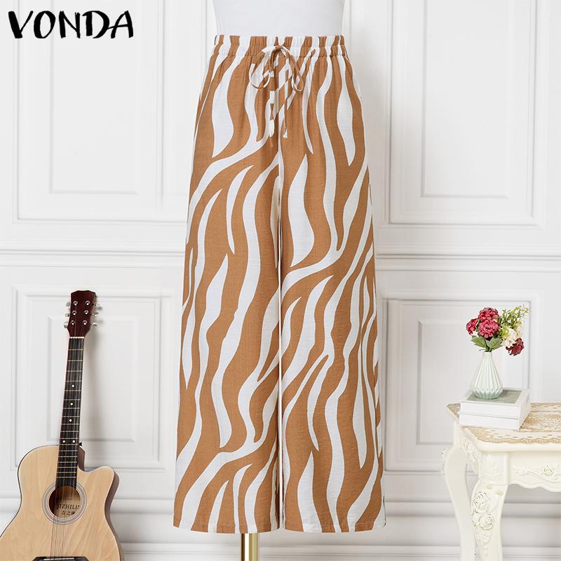 

VONDA Women Elastic Waist Trousers Casual Striped Office Long Straight Pants XL хаки