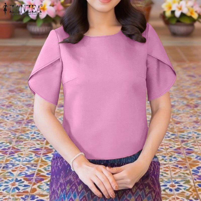 ZANZEA Women Casual Round Neck Summer Short Sleeve Plain Blouse