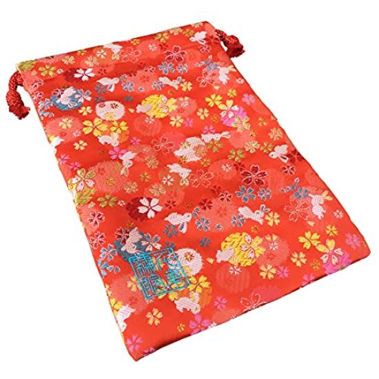 Senshishuin Nishijin Brocade Drawstring Bag (Lined) - Red Rabbit Design, Medium Size