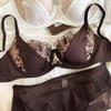 Sexy Lace Women Lingerie French Flowers Embroidery Bra Set Breathable Mesh Splicing Push Up Bras Hollow Thin Cup Underwear Sets
