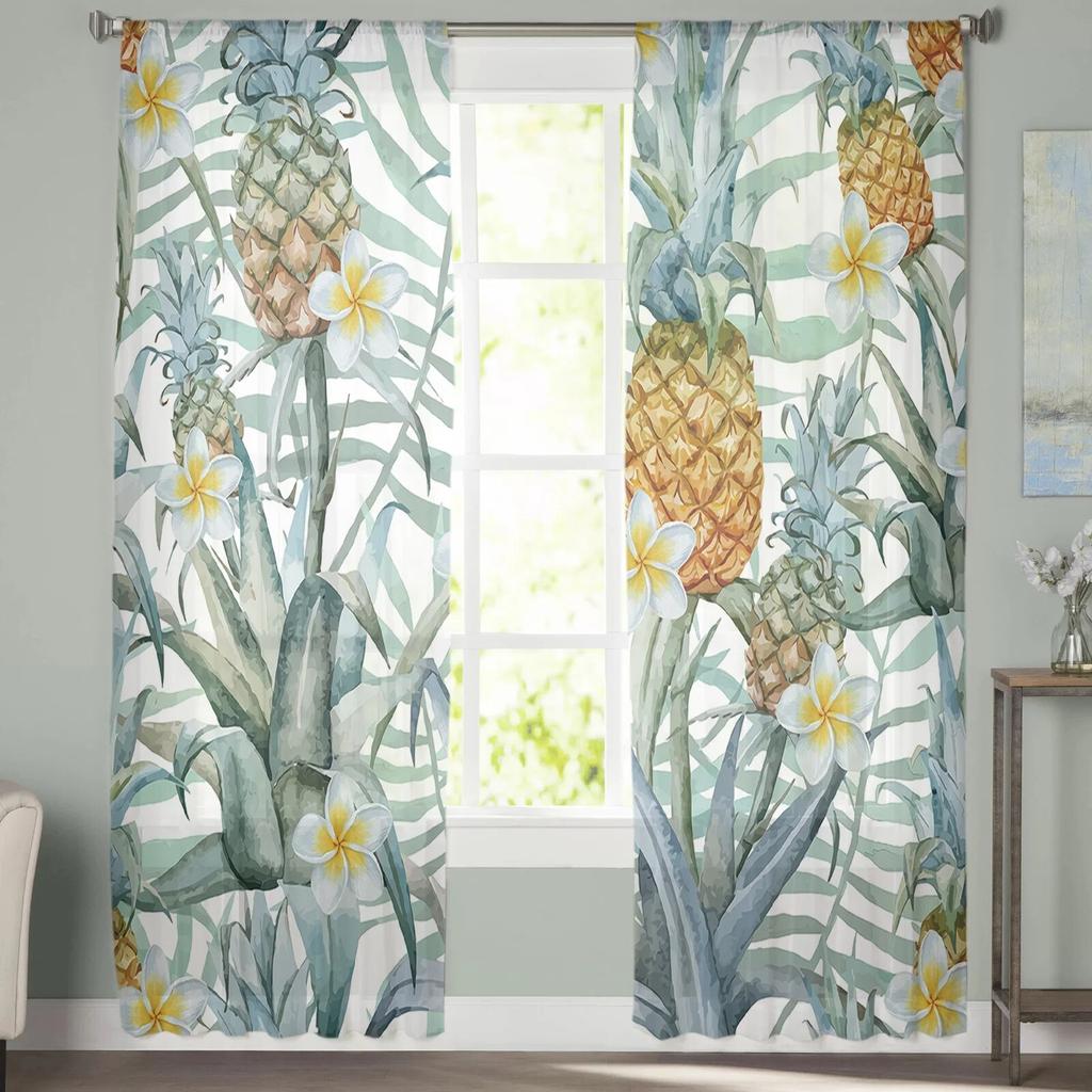 Pineapple Frangipani Tulle Curtains Living Room Kitchen Chiffon Curtain Bedroom Balcony Sheer Curtain Fashion Home Decor