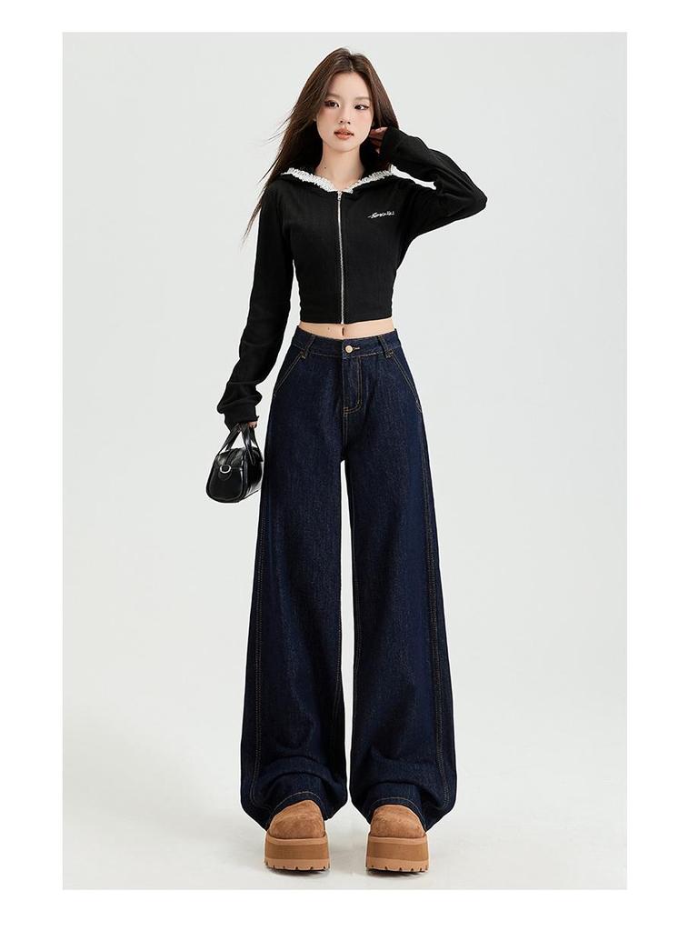 Women's Dark Blue High-Waist Wide-Leg Jeans, Summer 2025 Collection - Loose Fit, Meat-Covering, Mopping Style.