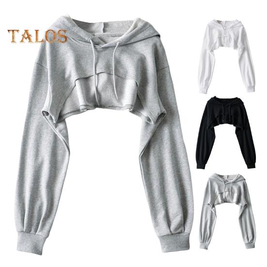 Hanorac scurt pentru femei, neregulat, de culoare uni, cu glugă, mâneci lungi, cu șnur, manșetă elastică, largi, sport individual, îmbrăcăminte de stradă, de zi cu zi.