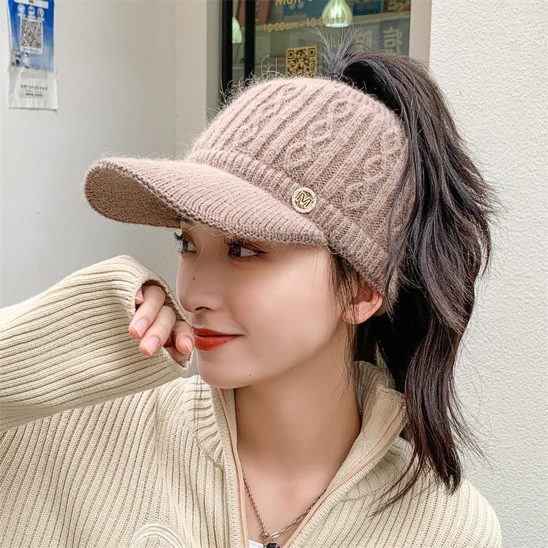 Women's Autumn and Winter Empty Top Hat Versatile Knitted Rabbit Wool Hat Fleece Thickened Thermal Ear Protection Duck Tongue Baseball Cap